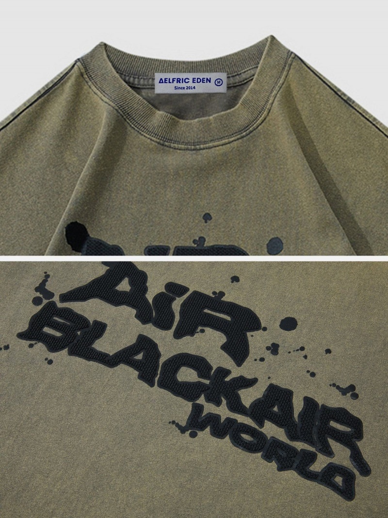 T Shirts Aelfric Eden Splash Ink Letter Washed Tee Kaki | BYY-51233776